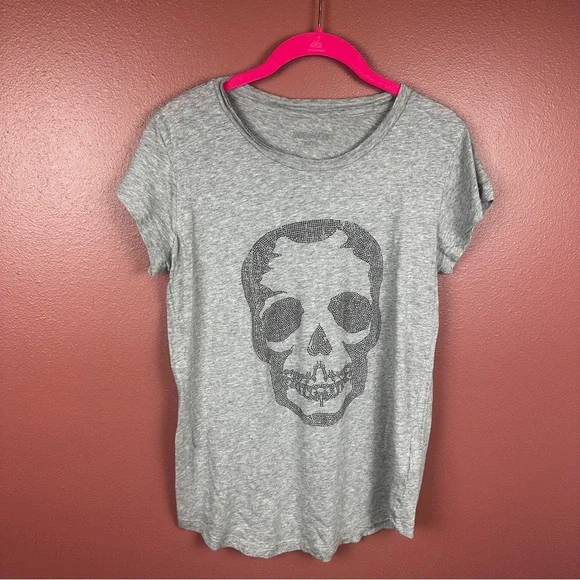 Zadig & Voltaire skinny skull tee embellished gray short sleeve size large - Picture 2 of 6